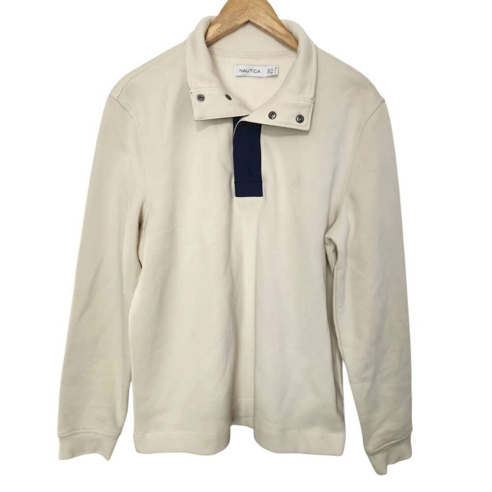 Nautica quarter snap sweatshirt‎ cream navy embroidered logo Medium